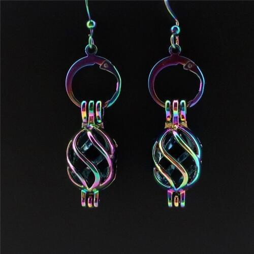 R-CE133 Rainbow Color Twist Cage Earrings Beads Pearl Cage Locket Perfume Aromatherapy Statement Drop Dangle Earring for Girl