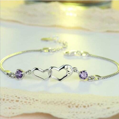 Luxury Double Heart Clear/Purple Cubic Zirconia 100% 925 Sterling Silver Bracelets for Women Wedding Party Fine Jewelry YBR084