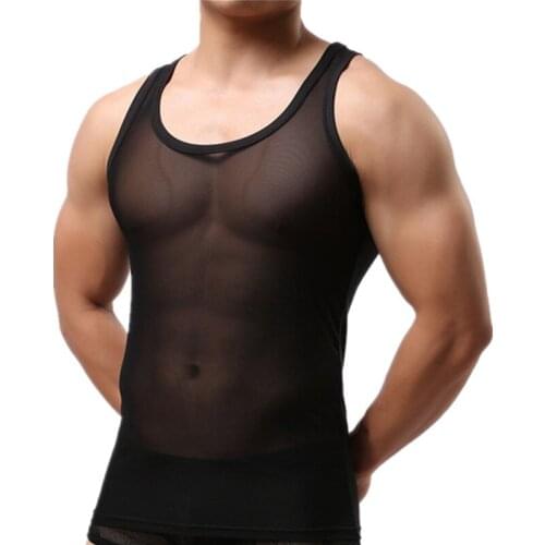 Sexy Mens Undershirts Mesh See Through Tank Tops Vest Transparent Fitness Sleeveless Underwear Sheer Shirt Clubwear Sleepwear