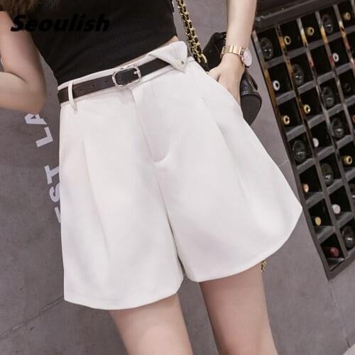 Seoulish Summer 2021 New Work Womens Suit Shorts with Belted High Waist Office Lady Wide Leg Shorts Elegant Chic Loose Trousers