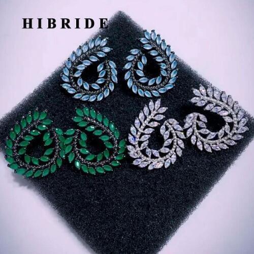HIBRIDE Brazil Style Green Leaf Shape Cubic Zirconia Women Stud Earrings Classic Female Bridal Earring Brincos Party Gifts E-570