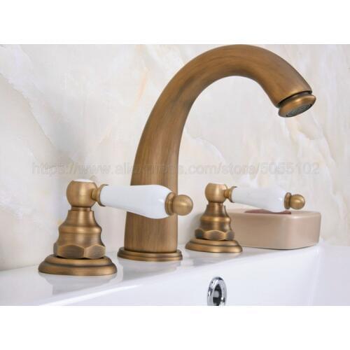 Bathroom Basin Faucet Antique Brass Bathroom Basin Mixer Tap Double Handles 3 pcs Bathroom Basin Faucets zan078