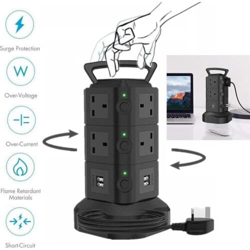 TESSAN UK Power Strip Tower with 10 Outlets and 4 USB Ports 2M Extension Cable Electrical Socket Power Adapter for Home Office