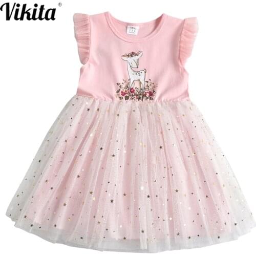 VIKITA Summer Princess Dresses Baby Girls Cartoon Flare Sleeve Tulle Mesh Vestidos Kids Pink Dresses Children Tutu Dress
