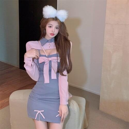 Japanese Korean Fake Two Piece Dress Princess Bow Designer Soft Girls Club Party Dress Women Sweet Lolita Patchwork Kawaii Dress