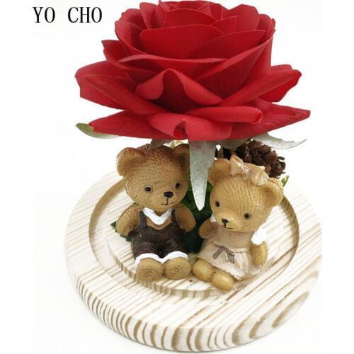 YO CHO Artificial Roses Flowers Red Rose In Glass Dome Christmas Gift Home Decor Fake Rose In Flask Micro Landscape Silk Flowers