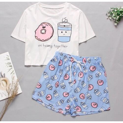 Womens Sleepwear Cute Cartoon Print Short Set Pajamas for Women Pajama Set Sweet Short Sleeve t Shirts & Shorts Summer Pijama