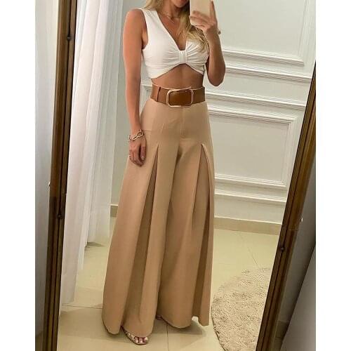 2021 Women‘s Long Trousers Elegant Ladies Office Wear Casual Slim Fit High Waisted Ruched Pleated Wide Leg Pants Without Belt