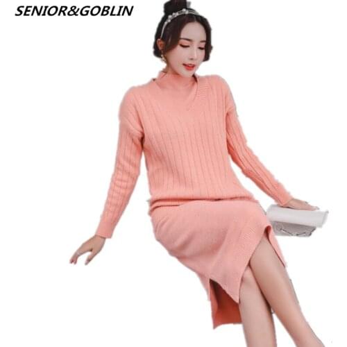 2019 New Autumn Runway Knitted 2 Piece Set Designer Winter Women Long Sleeve Sweater+Vest Dress Pullovers Set Knit Twins Set