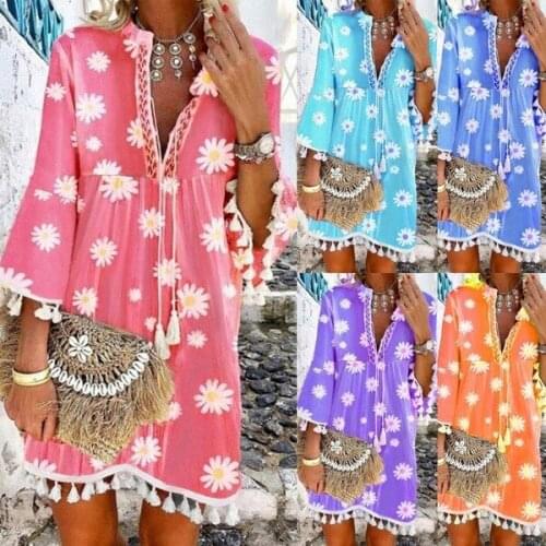 2021 Summer New Hot Sale Print Daisy Ruffled Tassel V-neck Dress Women Summer Dresses
