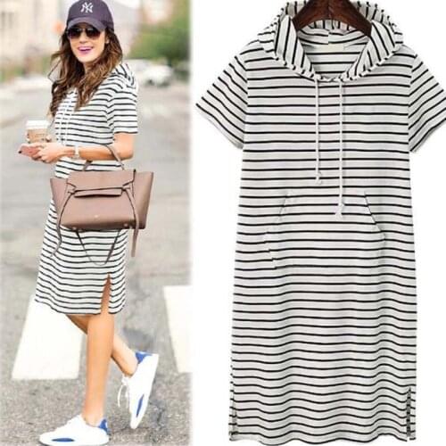 Large size womens short-sleeved split striped hooded sweater dress