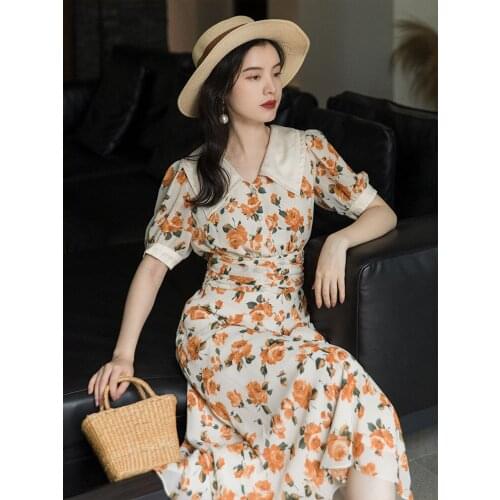Bohemian Chiffon Retro Floral Dress Women Summer Temperament Lapel Chic Pleated High Waist Vintage Midi Dress