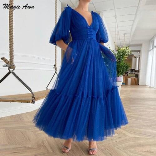 Magic Awn Royal Blue Prom Dresses Dots Tulle Half Puffy Sleeves V-Neck Ankle-Length Vintage Cockatil Party Gowns Front Split