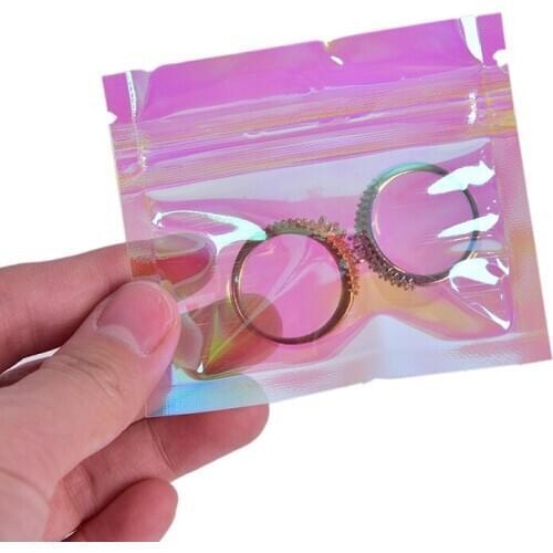 100 Pcs Iridescent Zip lock Bags Pouches Cosmetic Plastic Laser Iridescent Bags Holographic Makeup Bags Hologram Zipper Bags