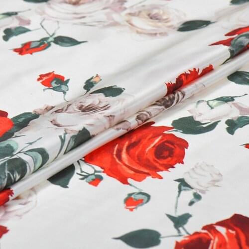 108CM Wide 19MM Red Pink Rose Print Stretch Smooth White Silk Satin Fabric Good for Summer Dress Skirt Shirt Pants J201