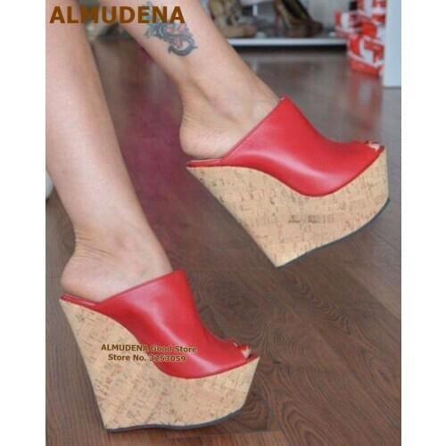 ALMUDENA Wood Pattern Wedges Summer Sandals Slip On Cork Platform Dress Shoes Street Fashion Slippers Gladiator Shoes Size47