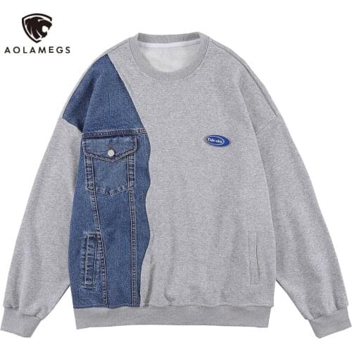 Aolamegs Sweatshirt Men Denim Patchwork Pockets O-Neck Pullover Hoodie Autumn Baggy Casual All-match Harajuku Fashion Streetwear