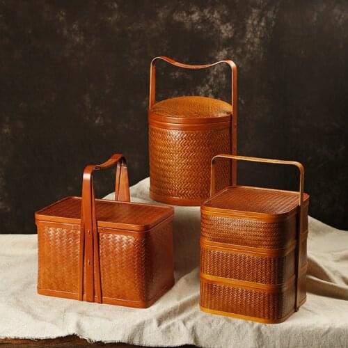 Ancient Style Bamboo Woven Cabas Antique Court Food Container Moon Cake Gift Box Basket Tea Set Storage Box Wedding Gift Box