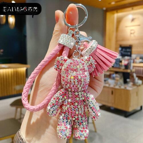 Disney Strawberry Bear Diamond Bear Keychain Female Cute Creative Net Red Car Key Pendant Bag Pendant Birthday Gift