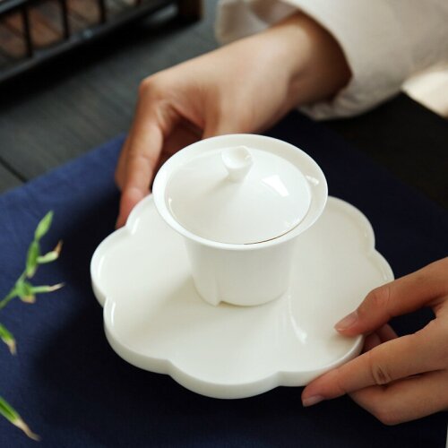 Sheep Fat Jade Ceramic Whiteware Cover Bowl Japanese Handmade Kung Fu Three-Force Ceramic Tea Bowl Tea Gaiwan Chinese Gaiwan