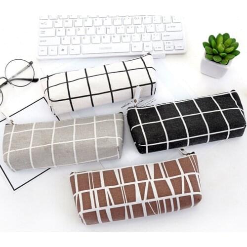 Canvas Geometric Pencil Bag Case School Simple Striped Grid Solid Color Pencil Bag Case Pouch Office Students