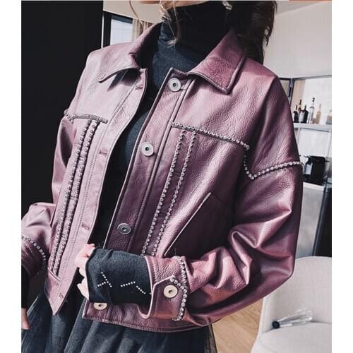 Jaqueta De Couro Feminino Real Pockets Full Jaqueta Couro Feminina Woman Leather Jacket Motorcycle Loose Rhinestone Pu 2020 New