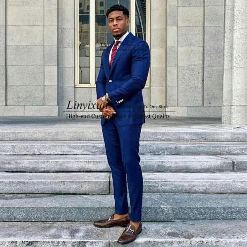 Handsome Dark Blue Stripe Men Suits Slim Fit One Button 2 Pieces Groom Tuxedos Notched Lapel Herringbone Wedding Blazer and Pant