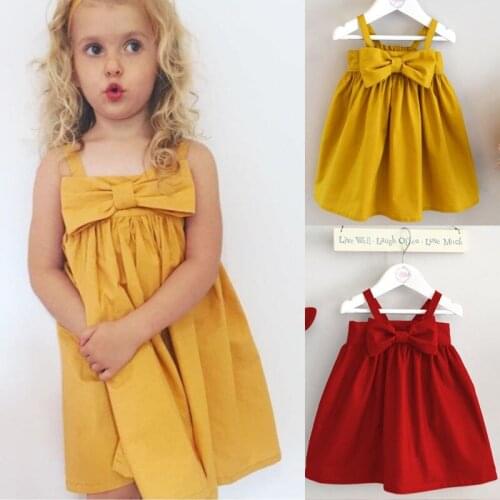 Cute Baby Girls Summer Sundress Bowknot Short Mini Vest Dress Toddler Kids Cotton Casual Dresses Sleeveless Outfit Red&Yellow