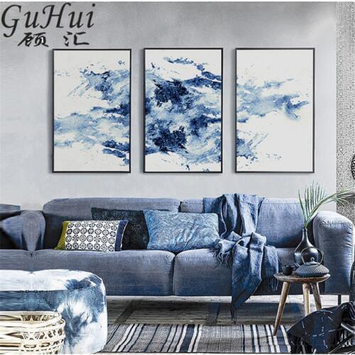 Blue Black Rhythm Wave Combination Personality Spray Color Abstract Canvas Painting Decoration Poster Modular Pictures Home Room