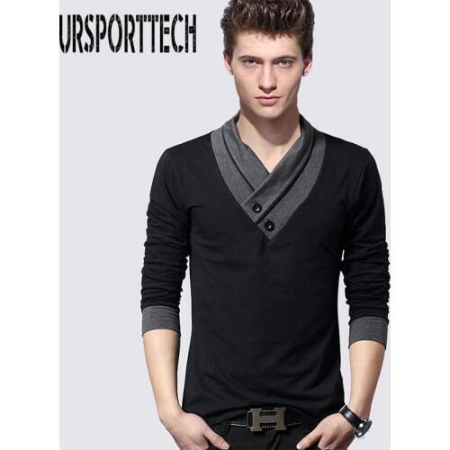 100% Cotton Mens Casual V-Neck Button Slim Muscle Tops Tee Long Sleeve T- Shirts Plus Size M-5XL