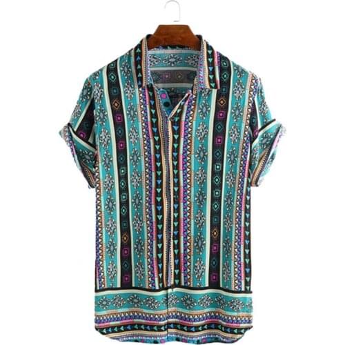 New Men Ethnic Style Beach Tops Geometric Pattern Buttons 2021 New Men Lapel Leisure Short Sleeve Shirt for Party Streetwear