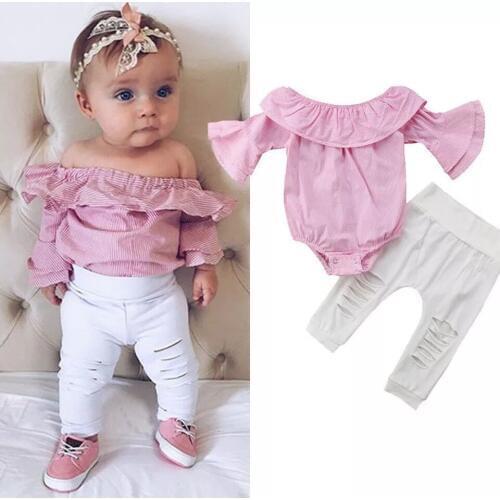 Newborn baby girl clothes Pink Striped Tops Bodysuit +white pants 2pcs/set Toddler Infant clothing set Outfits