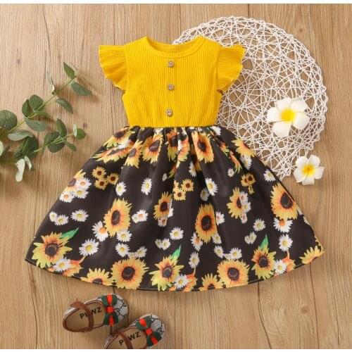 Girls Kids Summer Ruffles Fly Sleeve Dress Sweet Button Sunflower Printing Stitching A-line Princess Party Dress