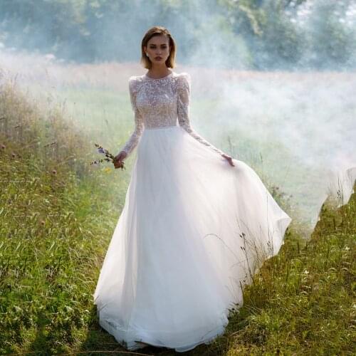 Sheer Nude Bodice with Sequins Crystals A-line Wedding Dress Long Sleeves Hand Made Bridal Dress vestido de mujer