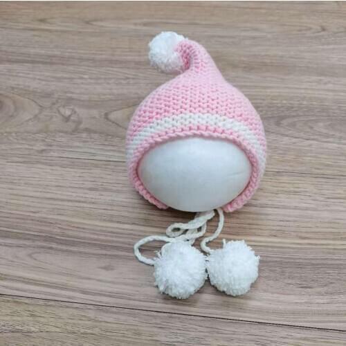 Photo Shoot Props Hand Knitted Cotton Pink and White Newborn Baby Hat with Balls Infant Bonnet for Photography Accessories