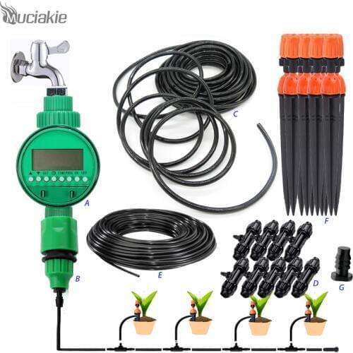 MUCIAKIE 1 LOT Garden Watering Irrigation System Include Water Timers 10m 8/11mm & 10m 4/7mm Hose 10pcs Adjustable Drippers etc