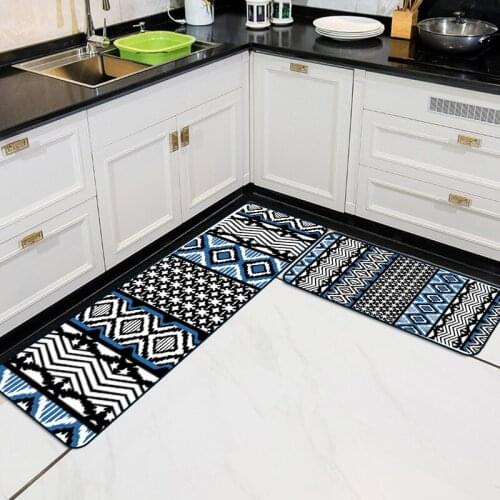 Nordic Fashion Geometric Kitchen Mat Carpets For Living Room Blue Black Striped Wave Pattern Long Strip Floor Mat Rugs Non-Slip