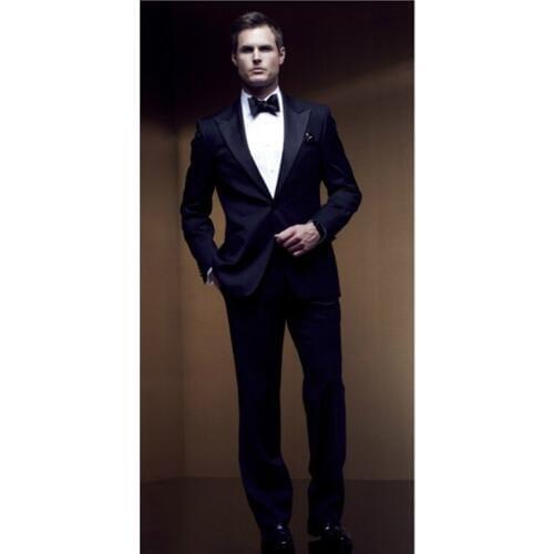 Custom Made Groom Tuxedos Navy Blue Groomsmen Peak Satin Lapel Men Wedding Suits Best Mens Suit (Jacket+Pants+Tie+Girdle) B622