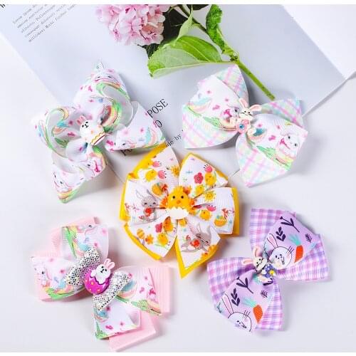 Fashion Hair Accessories 5'' Cartoon Printed Ribbon Hair Clips for Girls Cute Rabbit Hair Bows Barrettes for Kids Headwear