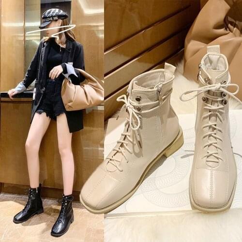 2020 Square Toe Short Womens Ankle Boots Autumn New Thick Heel Martin Boots Tide Ins Leather Beige Shoes Fashion Female