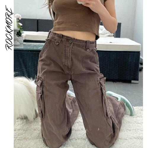 Rockmore Brown Vintage Jeans Women Y2K Streetwear Pockets Cargo Pants Baggy High Waist Straight Denim Trousers Fairycore 2021