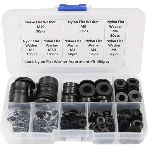 480 Pcs Nylon Flat Round Washers Gaskets Spacers Assortment Set for Screw Bolt(Black)