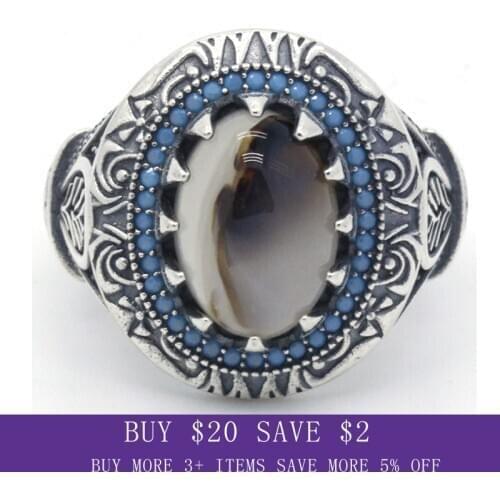 Big Natural Stone Men Ring 925 Sterling Silver with Blue Stones Punk Vintage Style Turkish Handmade Ring for Men Party Jewelry