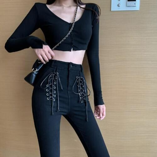 2021 Black High Waist slim Bandage Jeans Women Spring New Korean Slim Tight Female Street Style Nine Part Pants