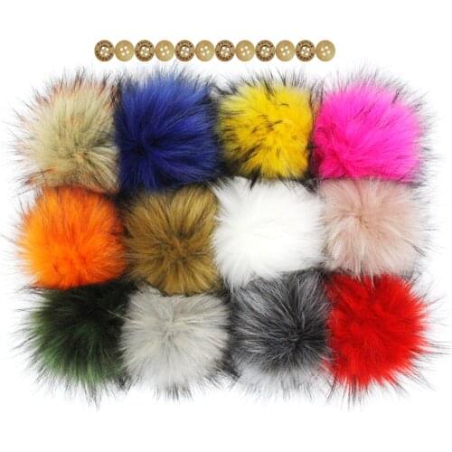Furling Pack of 12 Wholesale 14CM /5.5inch Faux Raccoon Fur Pompoms Elastic Cord with Buttons for Beanie Hats Knitting