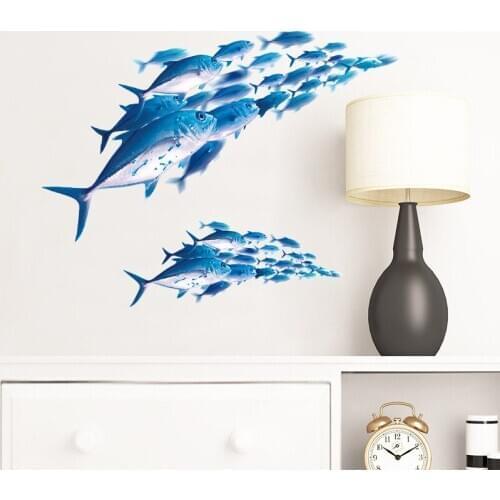 HOT 3D Fishes Wall Stickers Blue For Kid Childrens Rooms Living Room Decoration Mural Home Art Decals Transparent Stickers