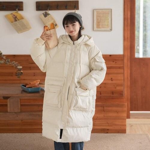 Winter New Loose Large Size Casual Solid Color Hooded Drawstring Long Over The Knee Thick Warm Jacket Cotton