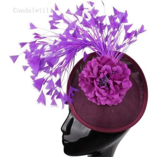 Fashion Purple Flower Women Fedora Cap Hair Clip Fancy Feathers Fascinators Nice Wedding Headpiece Elegant Ladies Headwear