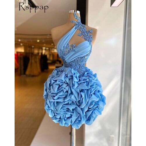 Real Cute A-line Sheer Mesh Beaded Embroidery Light Blue African Women Custom Made Party Cocktail Dresses 2021