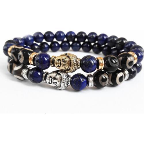 Top Quality Mens Beads Buddha Bracelet, 8mm Lapis Lazuli Stone Beads Antique Two Color Buddha Head Yoga Mala Bracelets